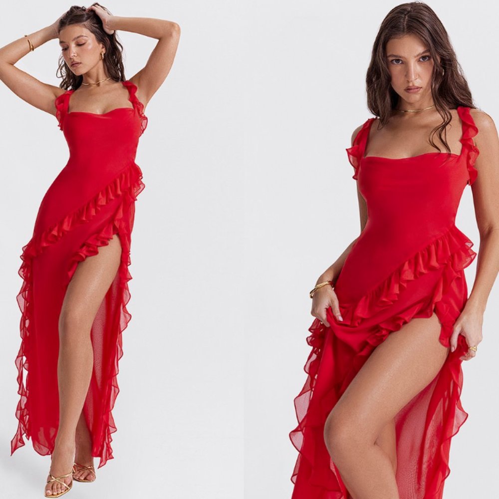 HOUSE OF CB 'Ariela' Cherry Ruffle Maxi Dress NWOT - Picture 2 of 11